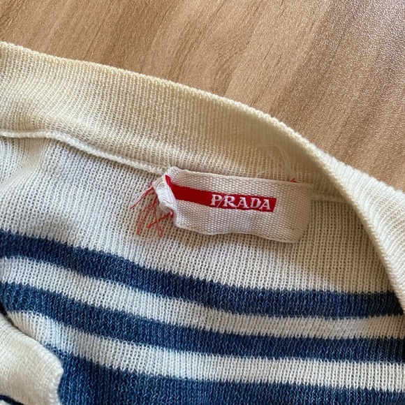 **PRADA** Navy Blue White Stripe T-shirt Blouse Size 40 Small Button Pockets - Picture 8 of 9